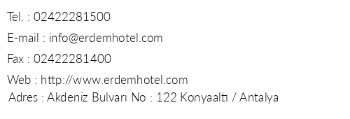 Erdem Hotel telefon numaralar, faks, e-mail, posta adresi ve iletiim bilgileri